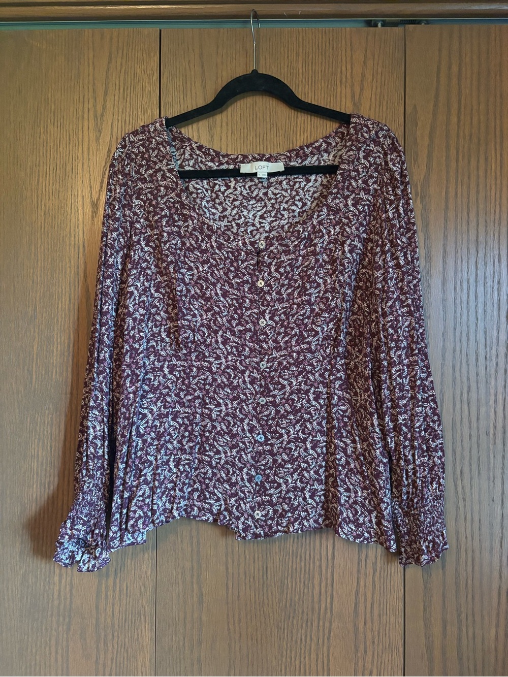 LOFT Burgundy Floral Button-Front Blouse
